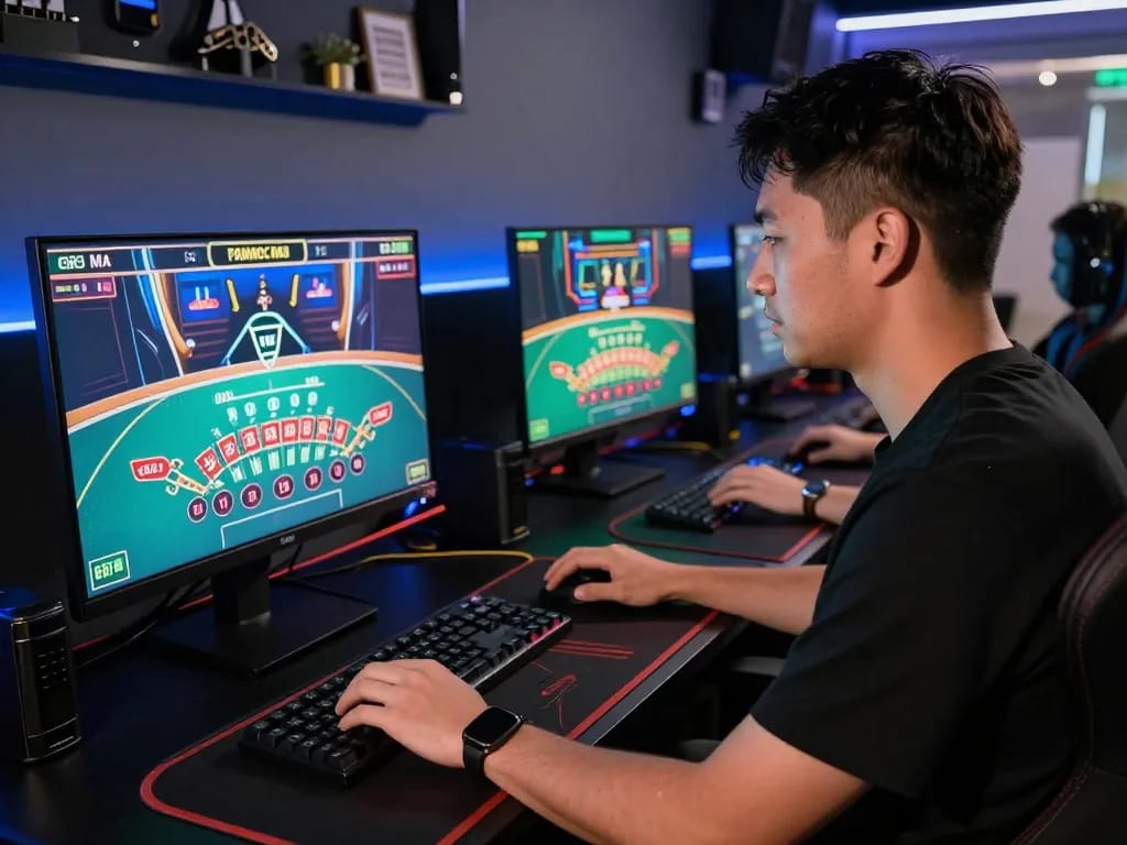 Engaged player using hi88 platform for strategic online gambling at a professional gaming setup