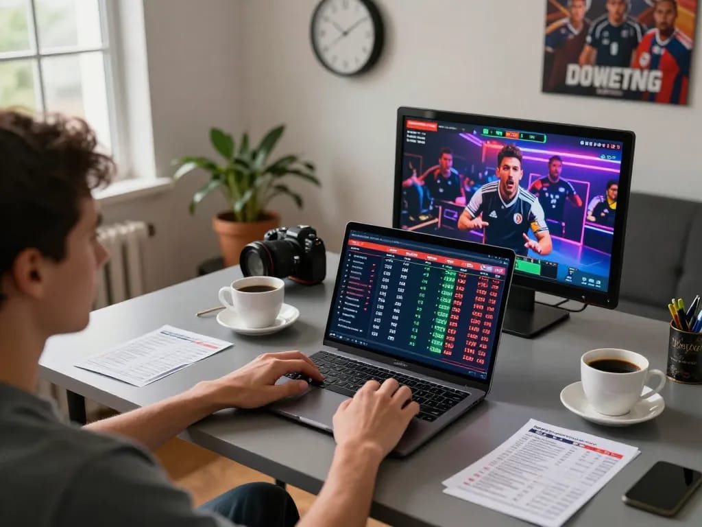 SC88 sports betting action at home with laptop displaying odds and strategies