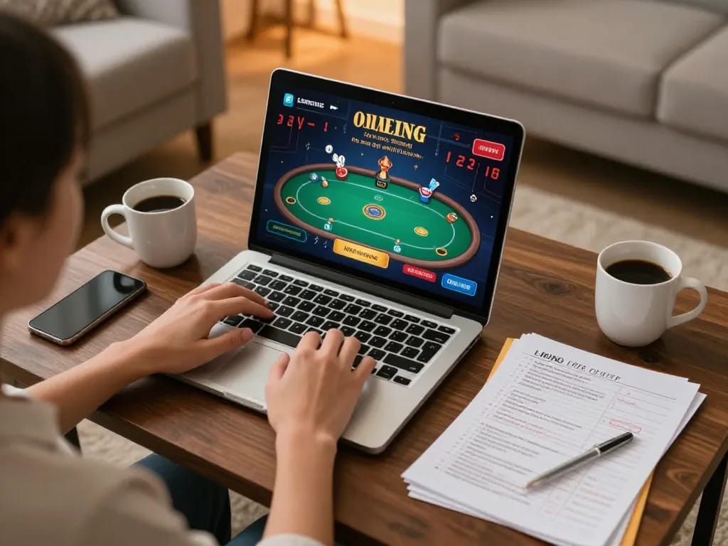 Engaging in online poker gameplay at home, utilizing a laptop while managing bankroll effectively on BL555.