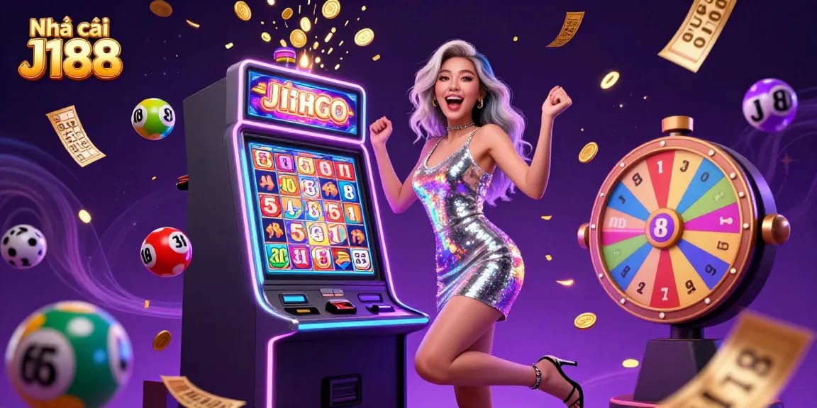 Experience the thrill of gaming with Nhà cái J188, featuring vibrant casino elements and joyful celebration.