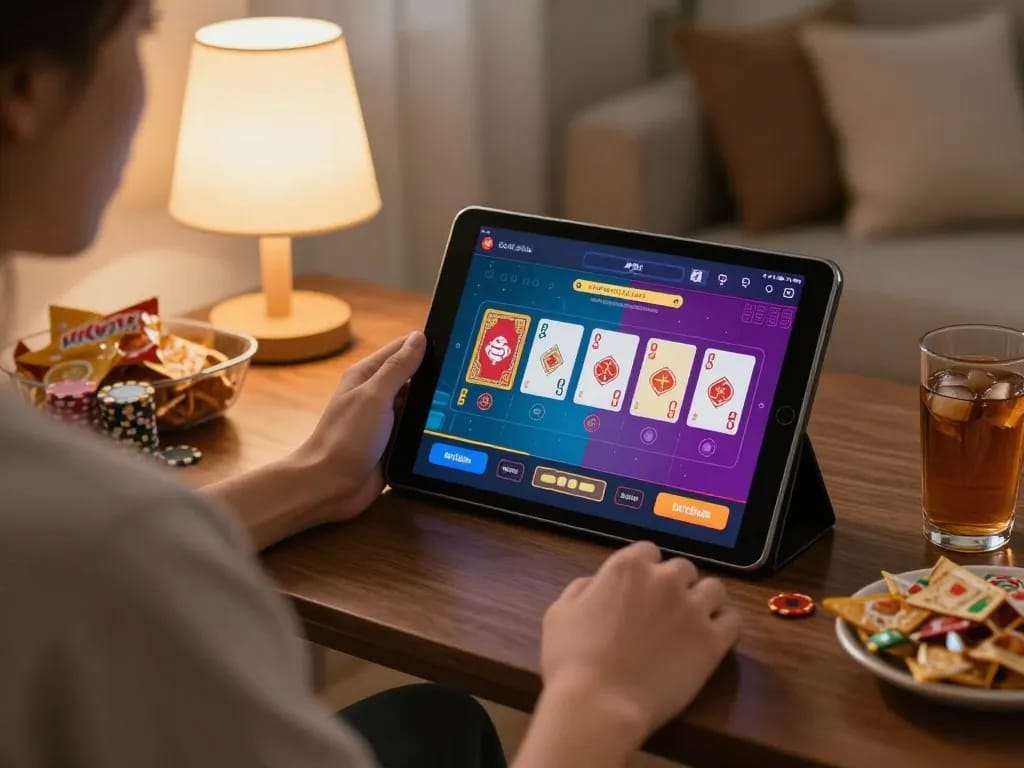 Player immersed in F168 online gaming app, enjoying a live dealer experience in a cozy home setting.