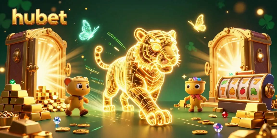 Engage with hubet's vibrant digital casino featuring neon elements and golden treasures.