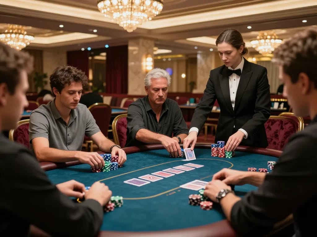 Rik88 players strategizing during a high-stakes poker game in a luxurious casino.