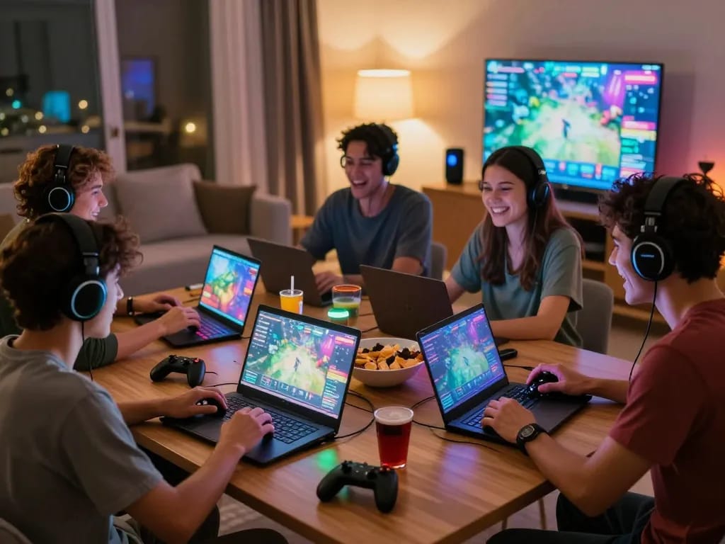 Friends enjoying an exciting k88 gaming session at home with vibrant atmosphere and interactive devices.