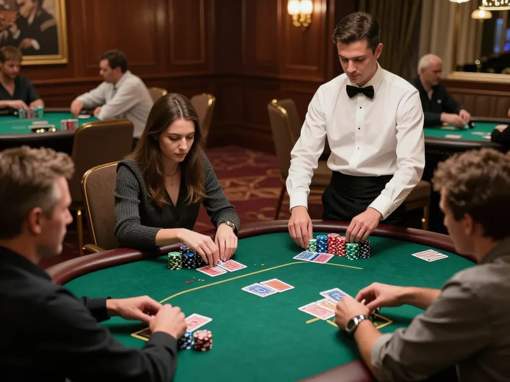 Poker players engaged in a competitive game at fly88 com's upscale casino tables, showcasing intense strategic moments.