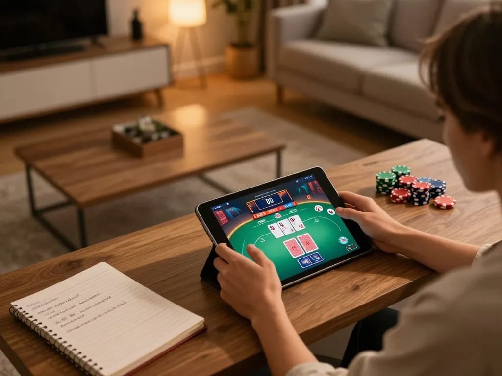 Player engaging with vip79 online casino on tablet while reviewing gaming strategies, cozy home setting.