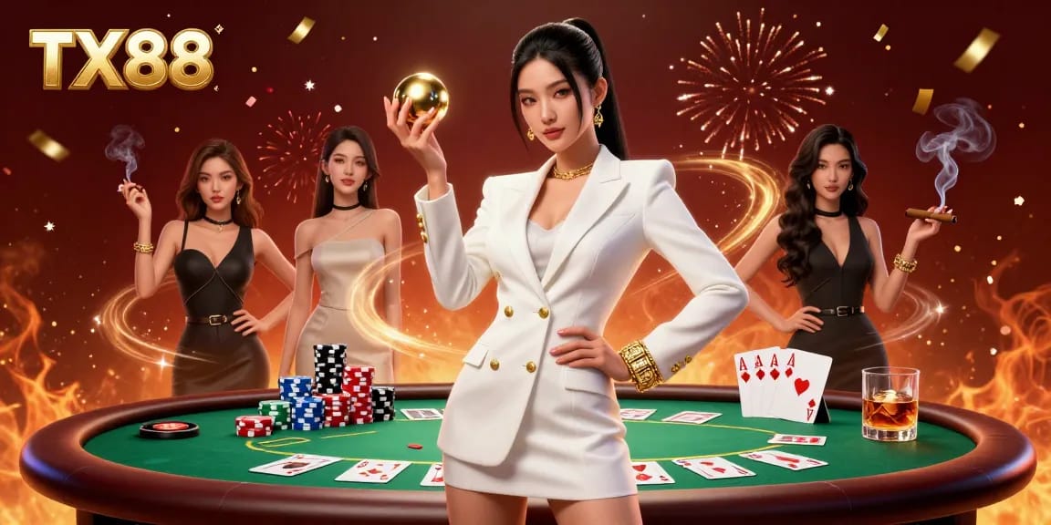 Experience the thrill of TX88 as a confident woman masterfully spins a golden roulette ball, surrounded by vibrant casino elements.