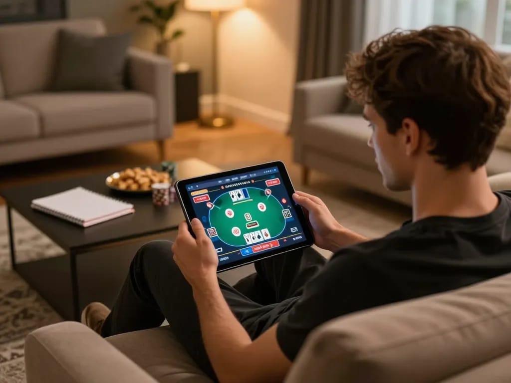 Player engaging with online poker at home, exploring 13Win for strategic gaming