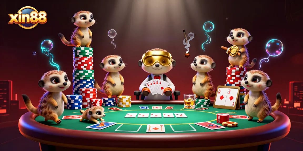 Meerkats manage a vibrant xin88 casino scene with poker tables and colorful chips.