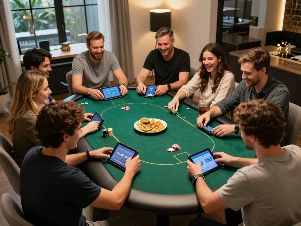 Players enjoying TR88 poker night at home with tablets and snacks, capturing excitement and strategy