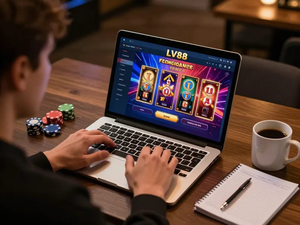 Player engaged in online casino gaming at LV88 with vibrant graphics on laptop screen.