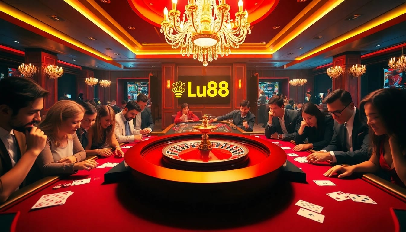 Gamblers placing bets at a luxurious casino featuring the Lu88 logo and vibrant games.