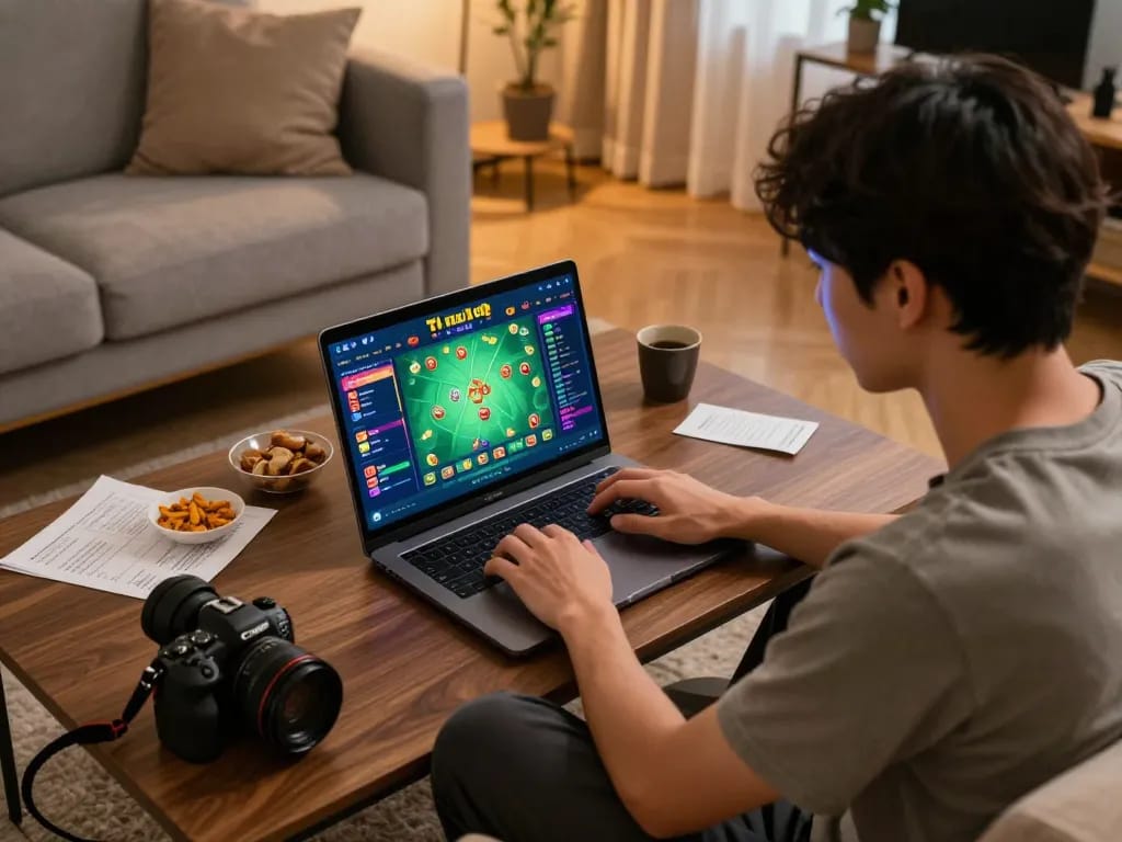 Engaged player enjoying tài xỉu md5 on laptop, surrounded by a cozy home atmosphere, integrating responsible gaming practices.