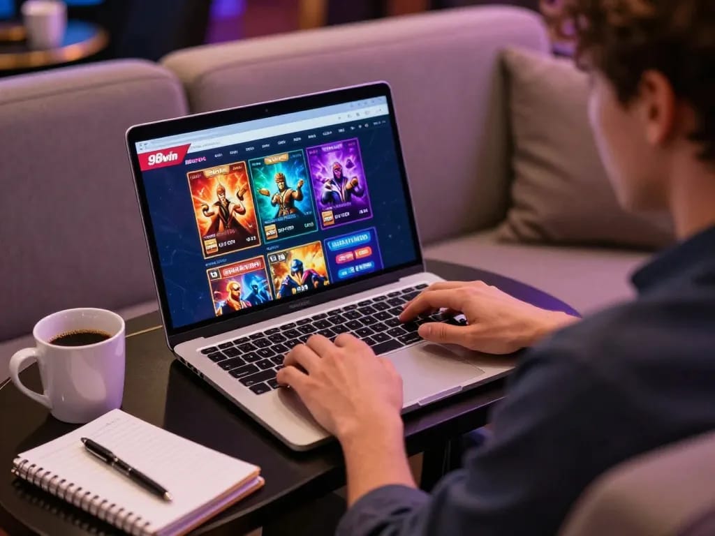 Engaging scene of a player using the 98win platform on a laptop, immersed in online gaming.