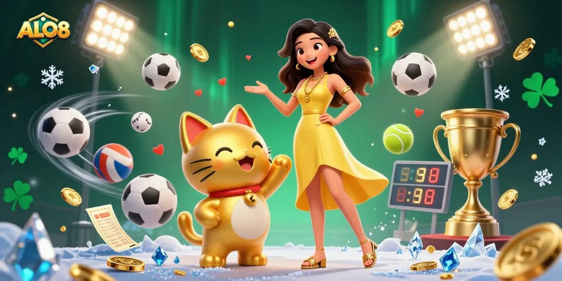 Experience vibrant ALO8 gaming with a cheerful Asian woman and a golden lucky cat, surrounded by dynamic sports elements.