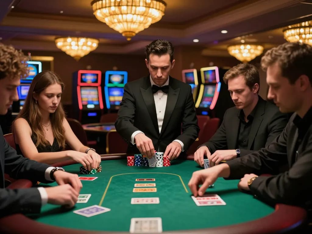 Poker players strategizing at a table during an exciting game night at 789win 37 casino.
