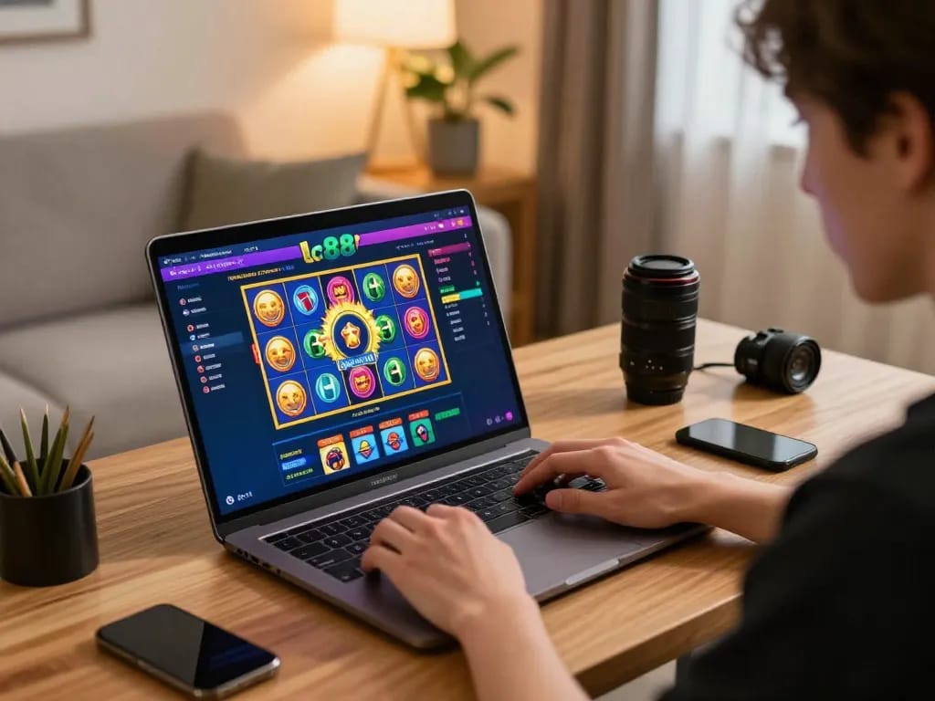A person explores exciting lc88 online casino games on a laptop in a cozy home setting.