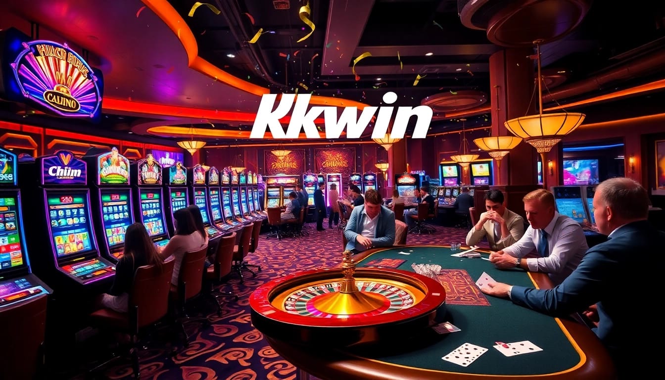 Exciting gambling scene at Kkwin with players at slot machines and poker tables.