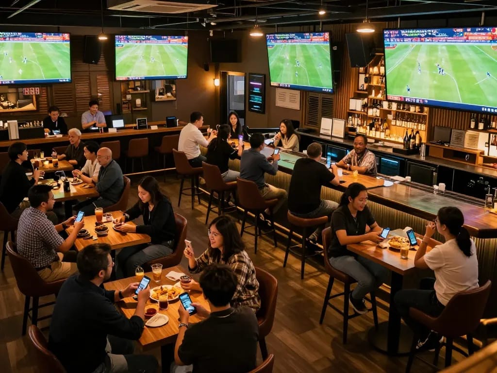 KQBD users engaged in sports betting at a lively sports bar with multiple screens showing football matches