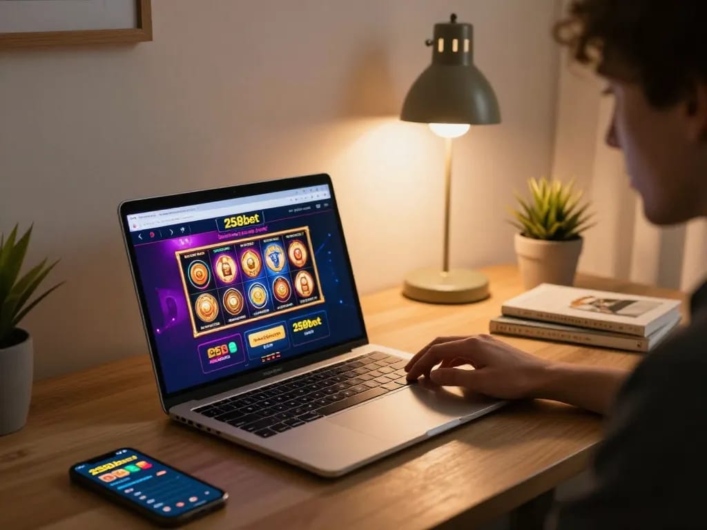 Engaging gaming moment with 258bet online casino interface on laptop, showcasing vibrant slot games.