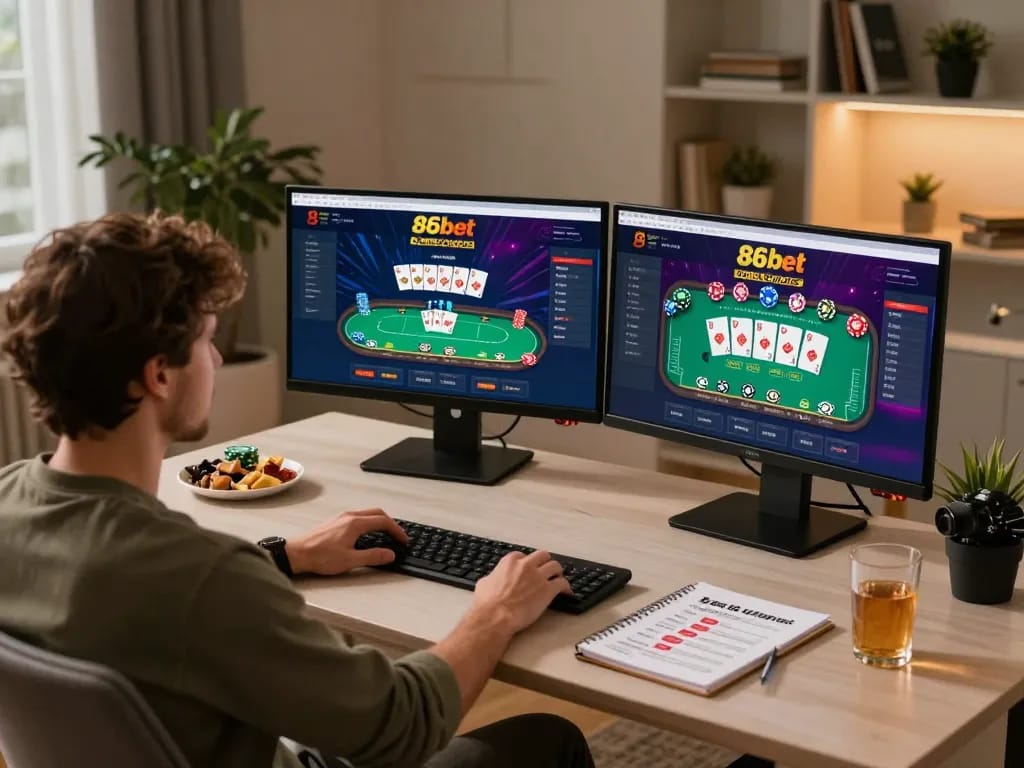 Engaging online poker gameplay on 86bet with vibrant display and cozy home setup.