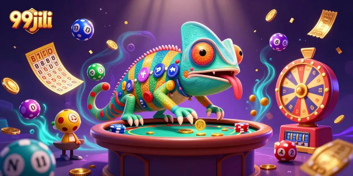 Exciting 99jili casino scene featuring a chameleon owner and dynamic game elements.