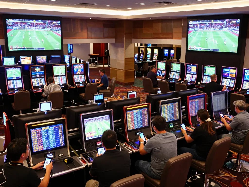 Engaged bettors place bets on thể thao o8, cheering for their favorite teams in an exciting sports betting area.