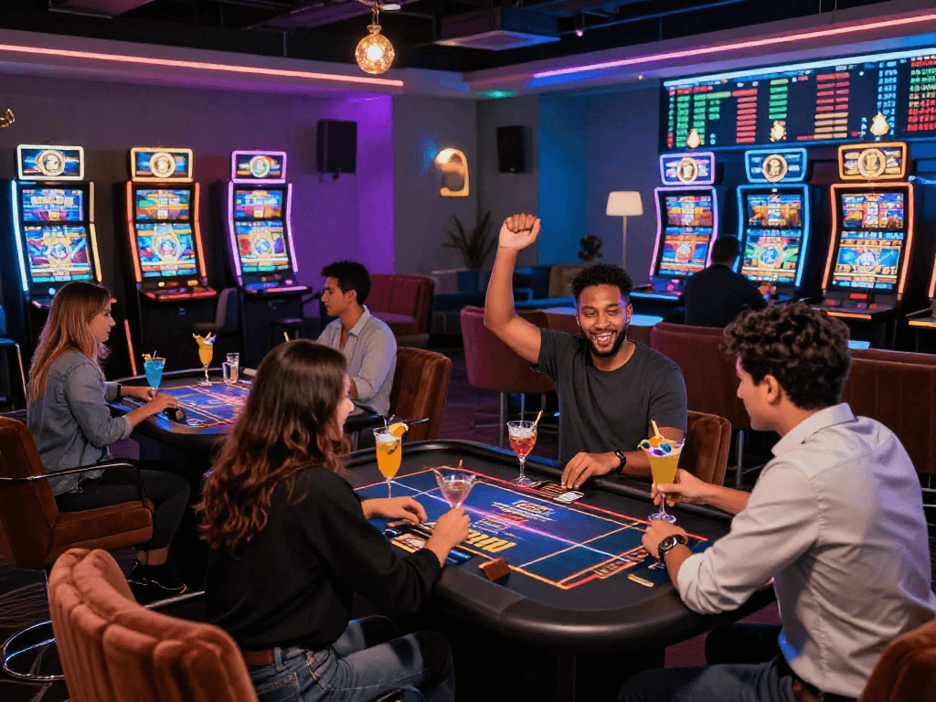 Exciting crypto casino scene with players engaged in digital gaming and vibrant surroundings.
