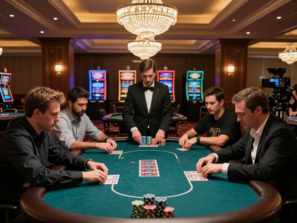 Engaged players strategizing their next move in a high-stakes poker game at 789win's elegant casino.