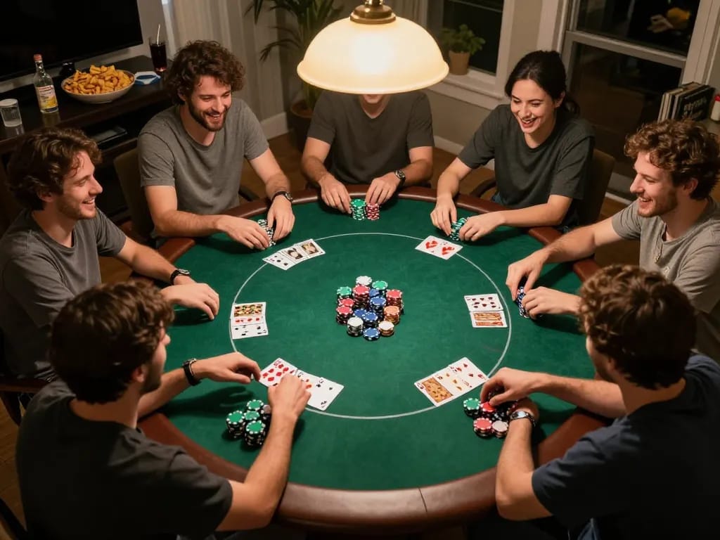 Go88 players enjoy a lively poker night with friends, colorful chips, and cards visible.