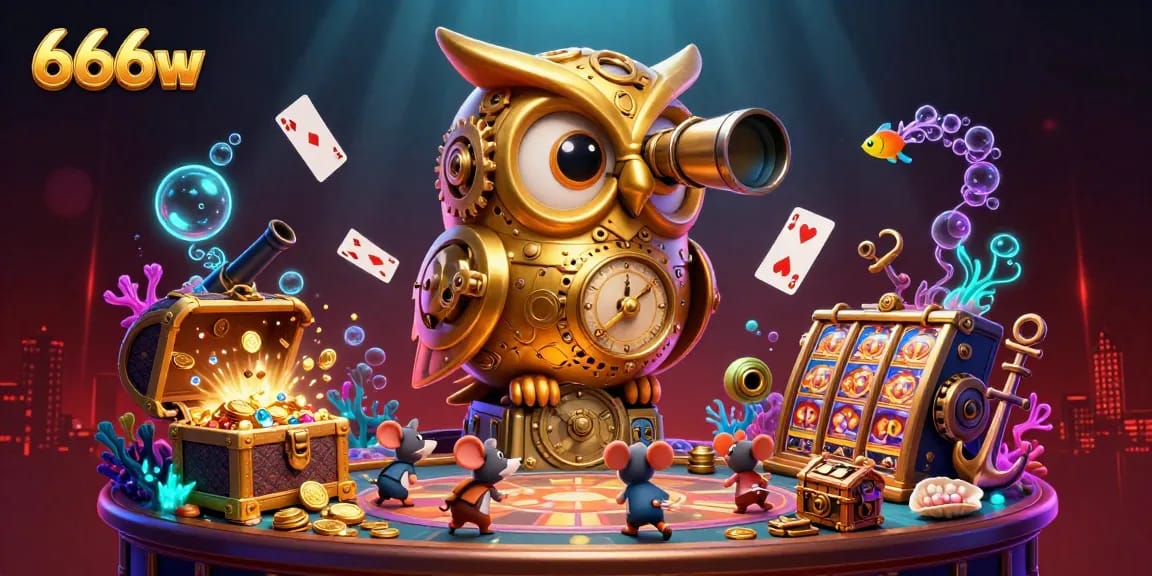 Play engaging games on 666w with a vibrant casino scene filled with golden treasures and lively characters.