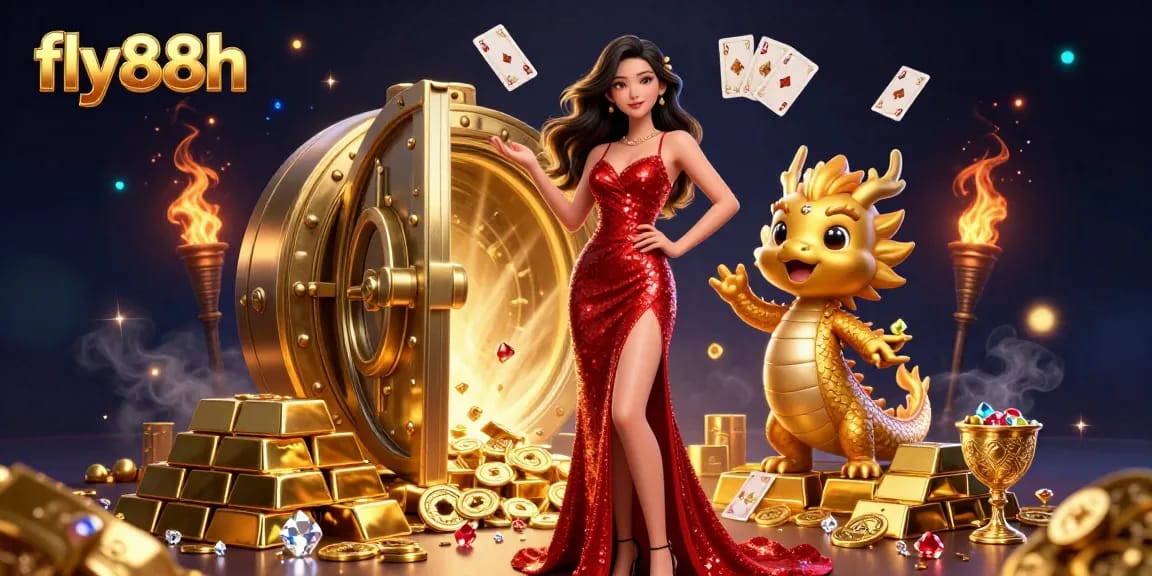 Experience the vibrant online casino world of fly88h with a captivating Asian lady and golden dragon.