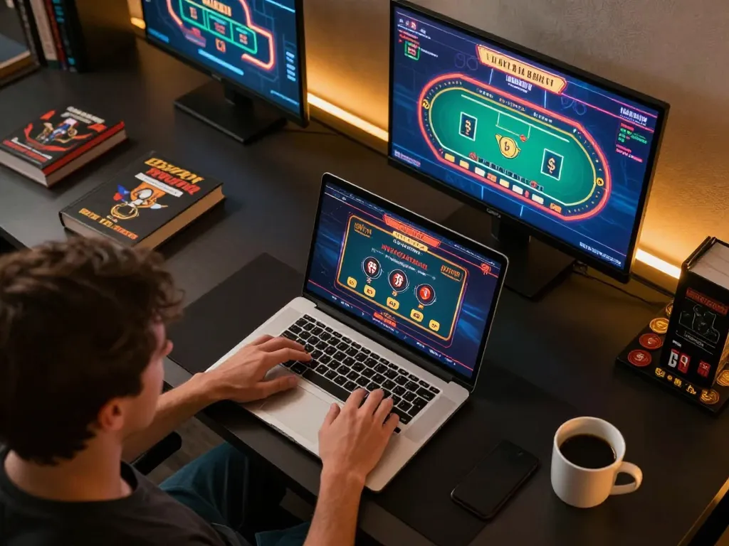 Engaging in strategic online gaming on Go88 with multiple screens and cozy setup.