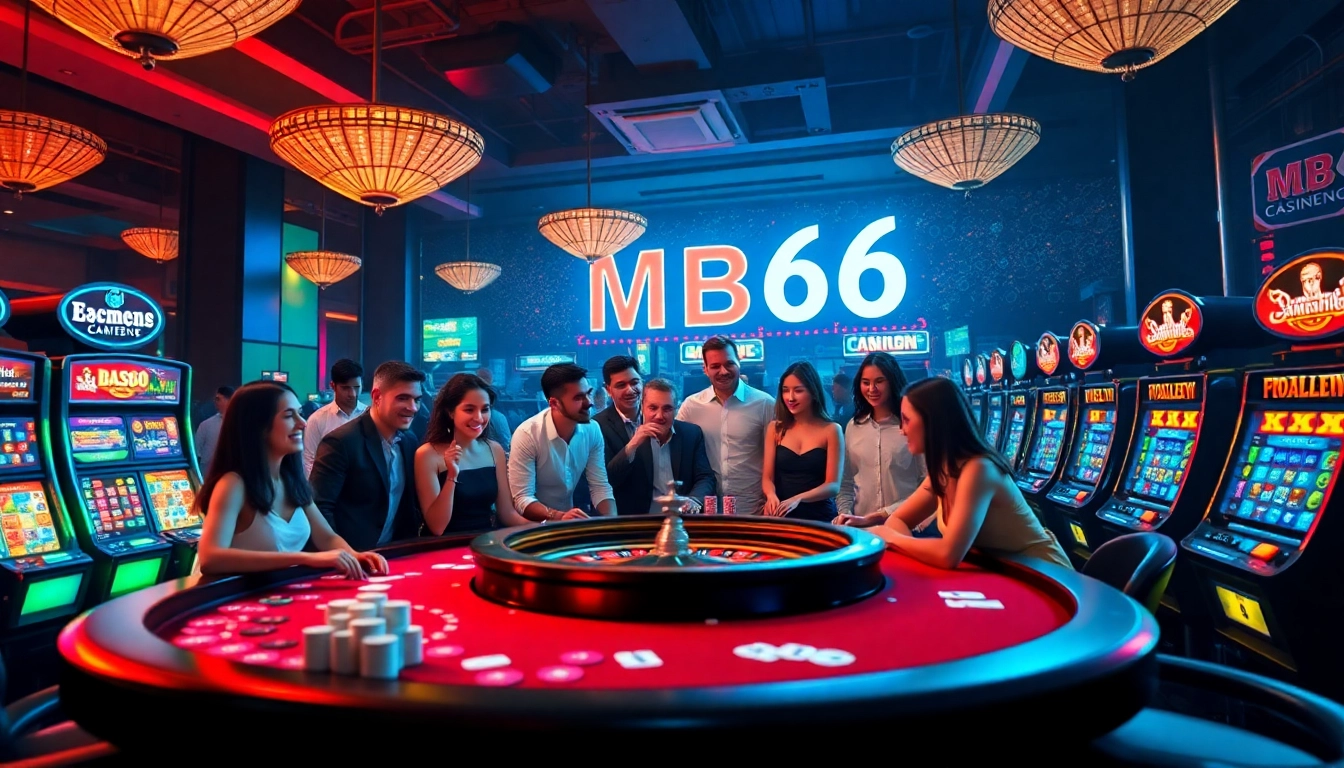 Players winning big at MB66 casino, featuring lively poker tables and dazzling slot machines.