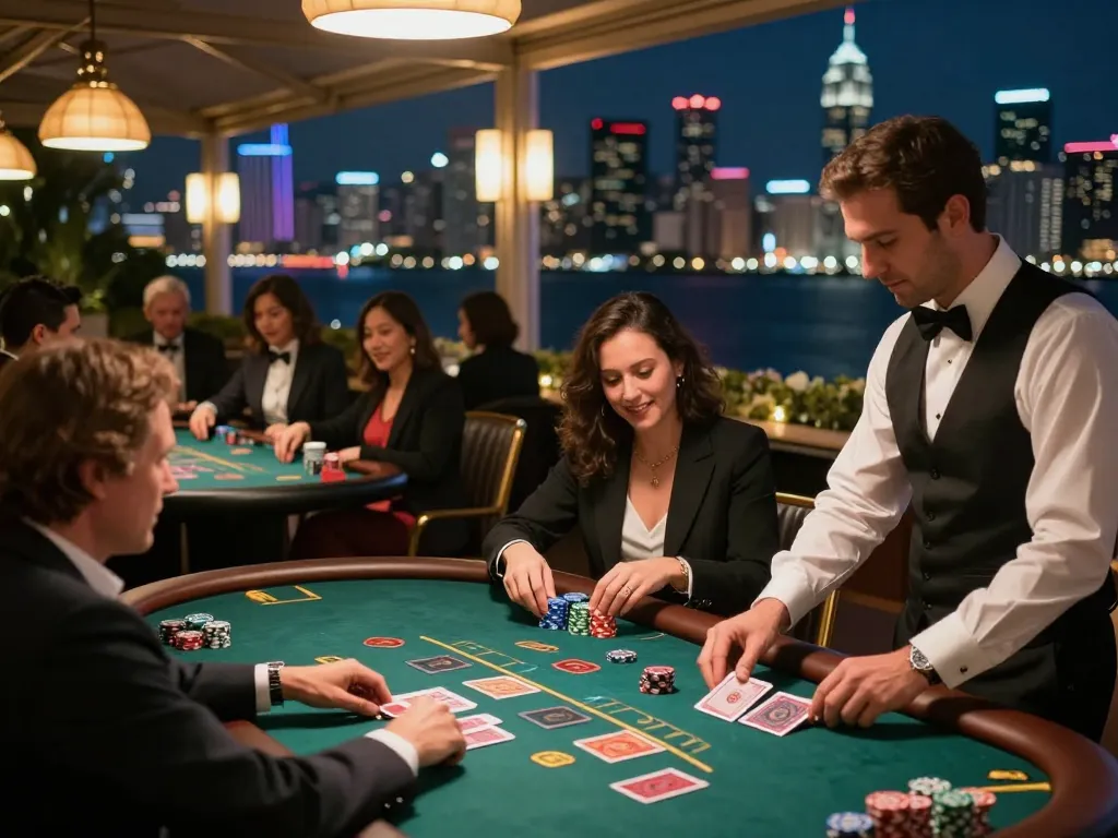 GK88 players enjoying high-stakes blackjack under elegant casino terrace lights