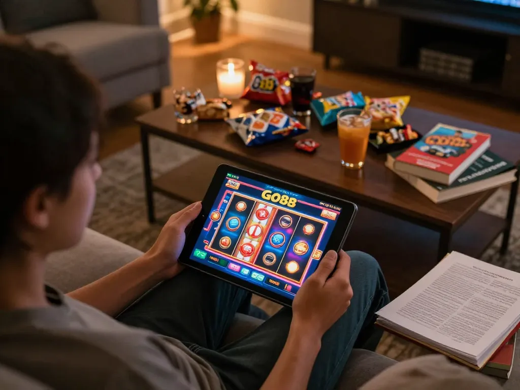 Engaged player enjoys Go88 online gaming experience on tablet, cozy living room setup with snacks