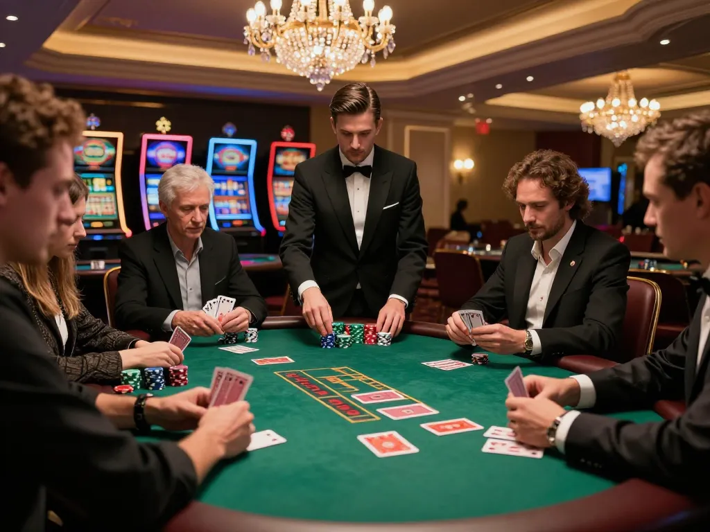 Players engaging in a strategic poker game in a luxurious casino setting at VMAX