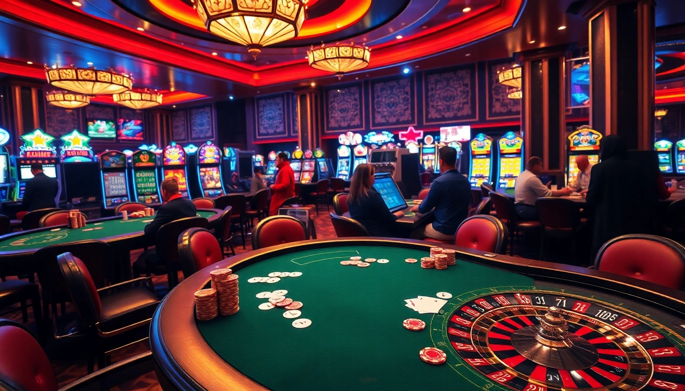 Experience thrilling gameplay at https://f168.win/ with engaged players at a vibrant casino table featuring poker, roulette, and slot machines.