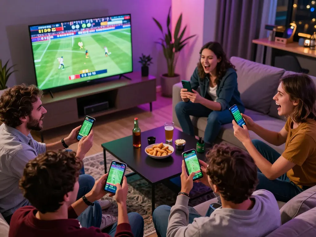Friends using betting apps on smartphones during a live sports match with O8.