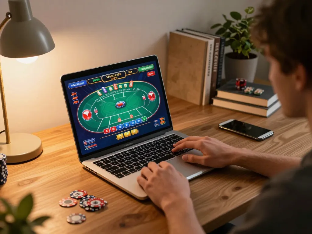 Engaging in a poker game on 23win platform using a laptop in a cozy home office.