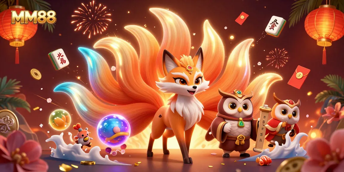 Experience thrilling gameplay at MM88 with vibrant characters, floating tiles, and dynamic casino elements.