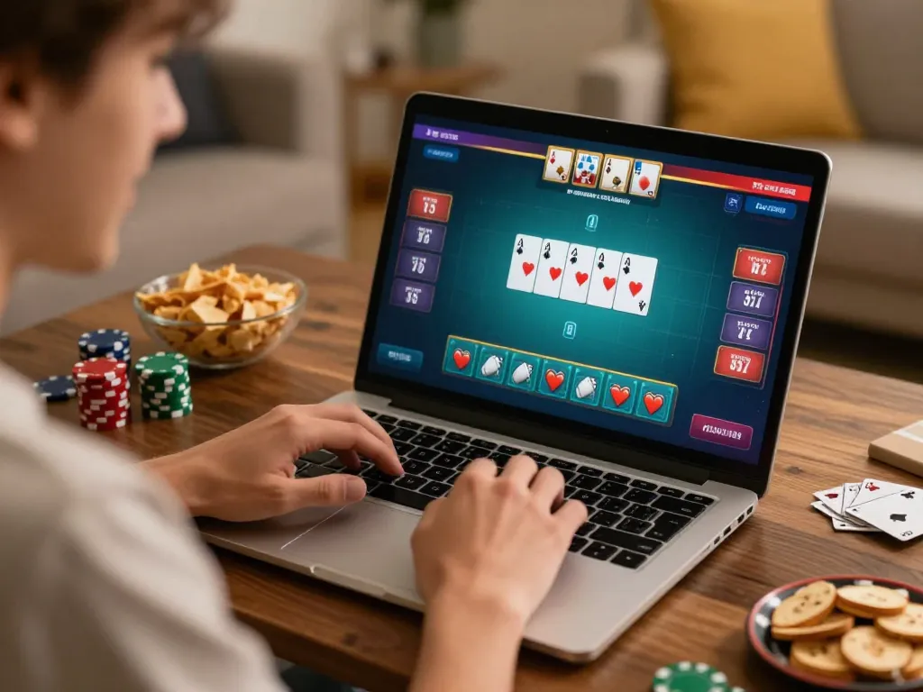 Player enjoying J88 poker online, engaged with cards and betting strategies at home