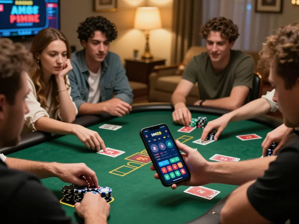 HM88 players placing bets and strategizing during an online poker game, showcasing engaging gameplay.