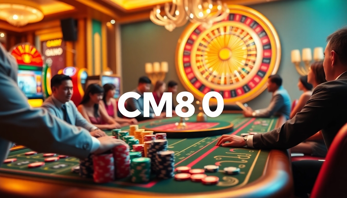 Players enjoying a lively casino experience at cm88.com with colorful chips and slot machines.