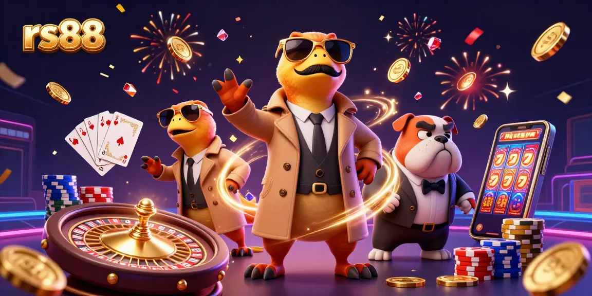 Engage in thrilling gaming experiences at rs88 with vibrant 3D casino illustration featuring raptors and gems.