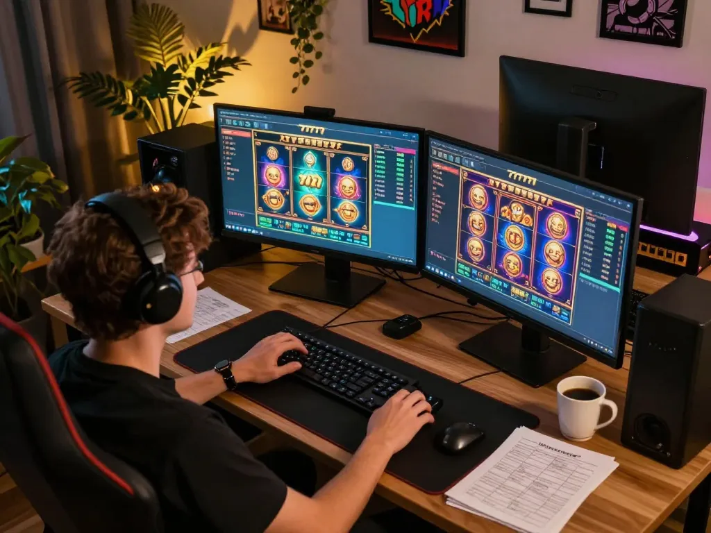 Engaging in strategic slot777 gameplay at a modern desk with colorful graphics on screens.