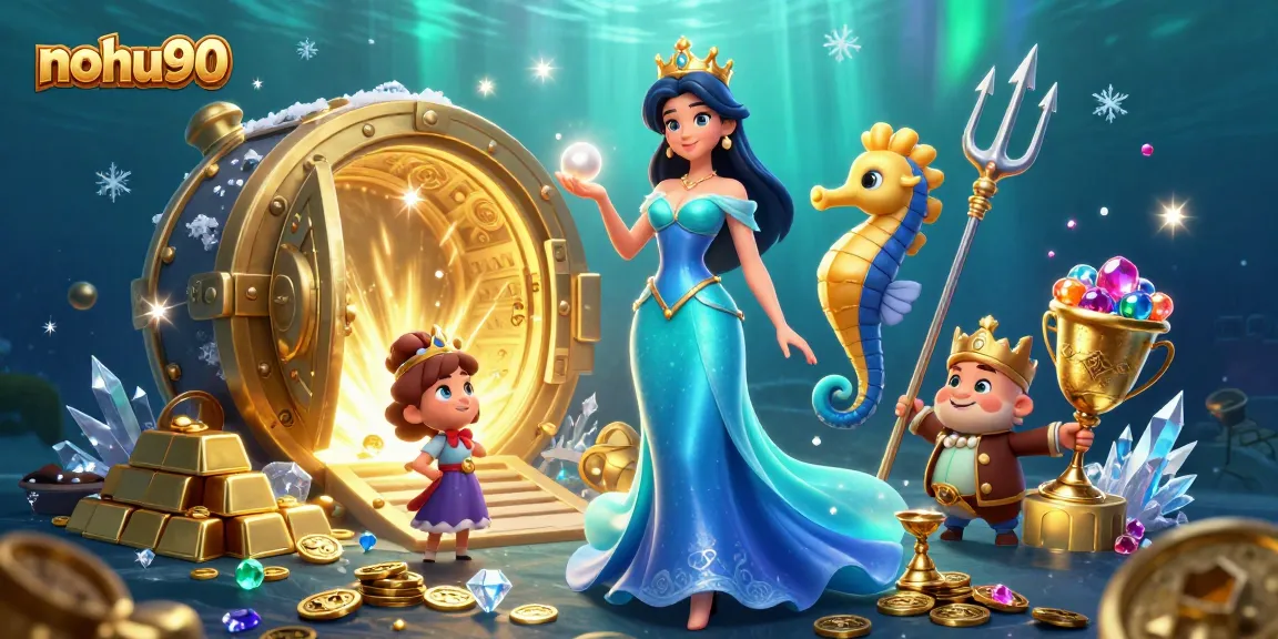 Nohu90 offers an underwater gambling themed illustration showcasing a dazzling scene of a glowing pearl, casino treasures, and vibrant characters.