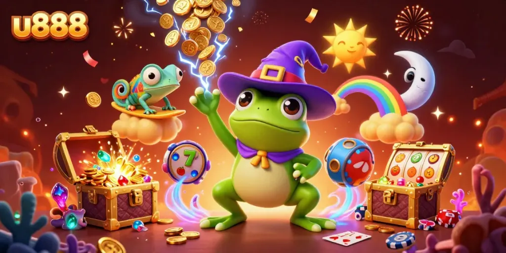 Experience the excitement of u888 with this dynamic casino-themed illustration filled with gold coins.