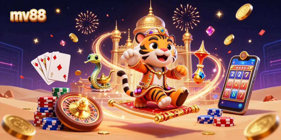 Experience dynamic gaming action at mv88 with vibrant casino elements in a 3D illustration.