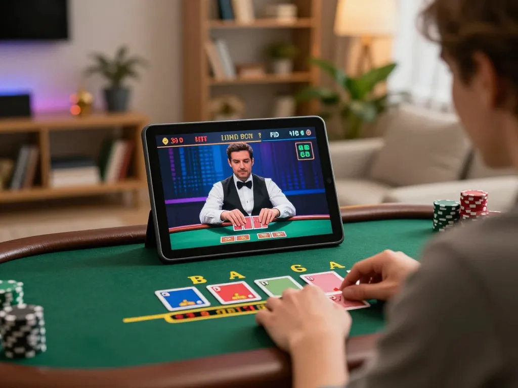 Engaging in a live dealer blackjack game on a tablet, showcasing 99ok online gaming.